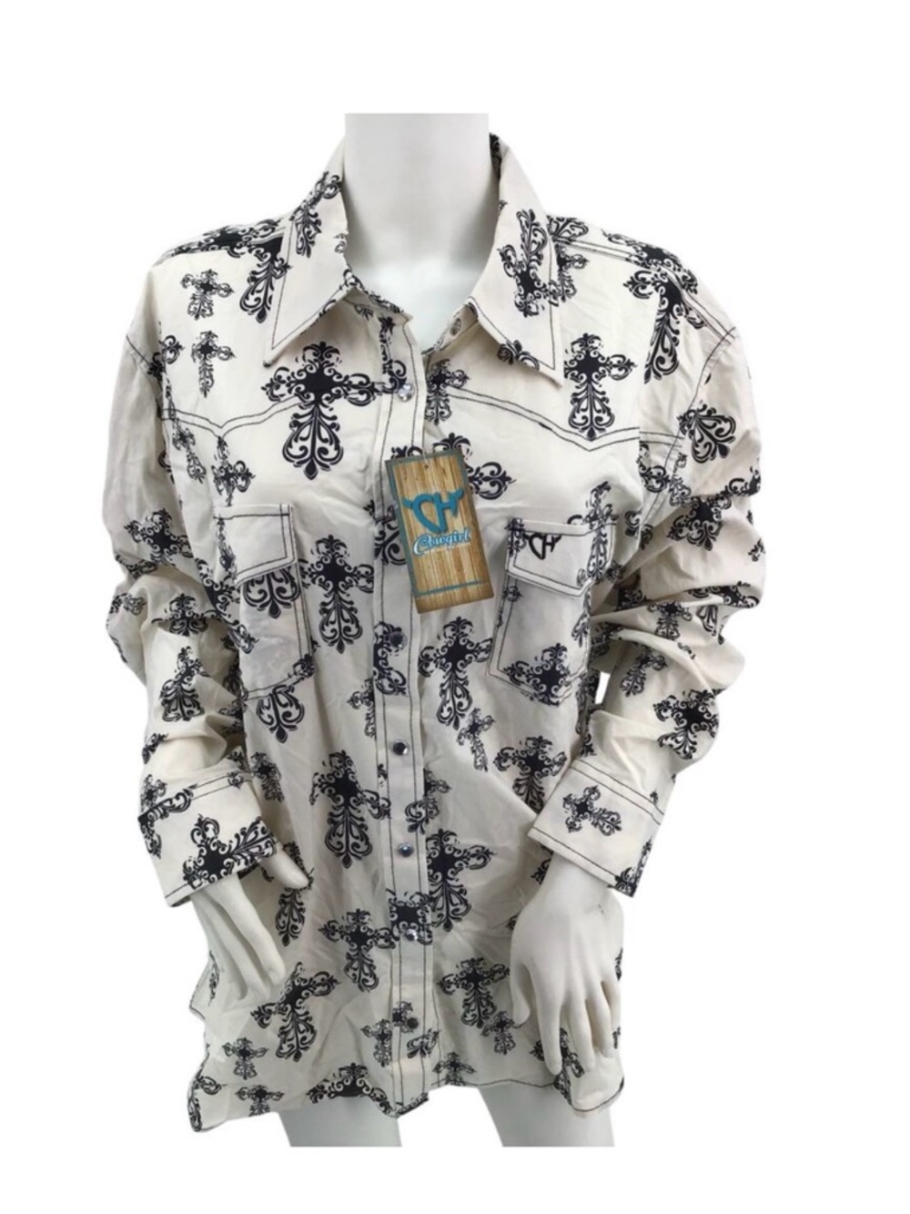 Cowgirl Hardware Shirt Womens Size XL Steel Cross Long Sleeve Print Western NEW